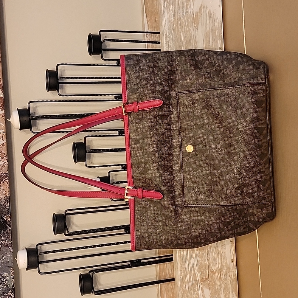 Michael Kors Jet Set Travel Sady Large Top Zip Tote Brown MK Signature Flame Red